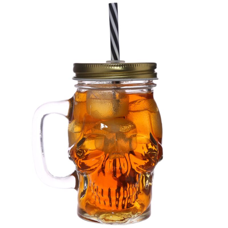 Tasse de boisson en verre en verre maçon en forme de crâne avec paille et couverture