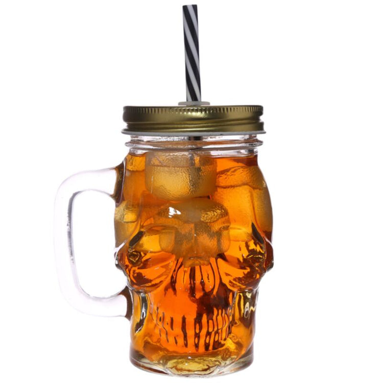 Tasse de boisson en verre en verre maçon en forme de crâne avec paille et couverture