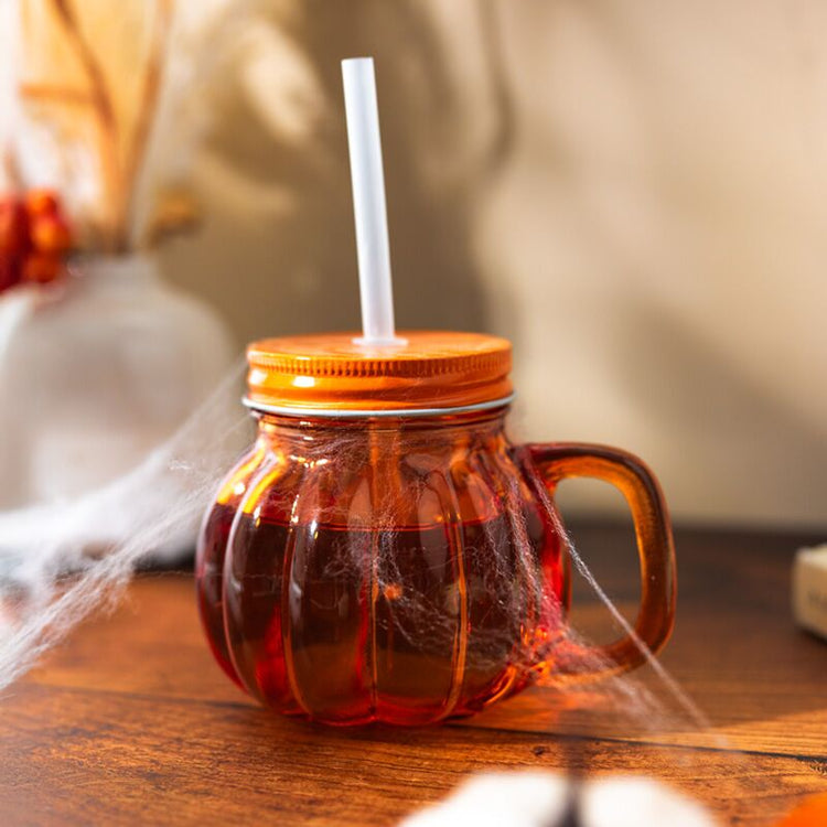 Tasse de consommation de verre à pot de citrouille avec paille et dekel