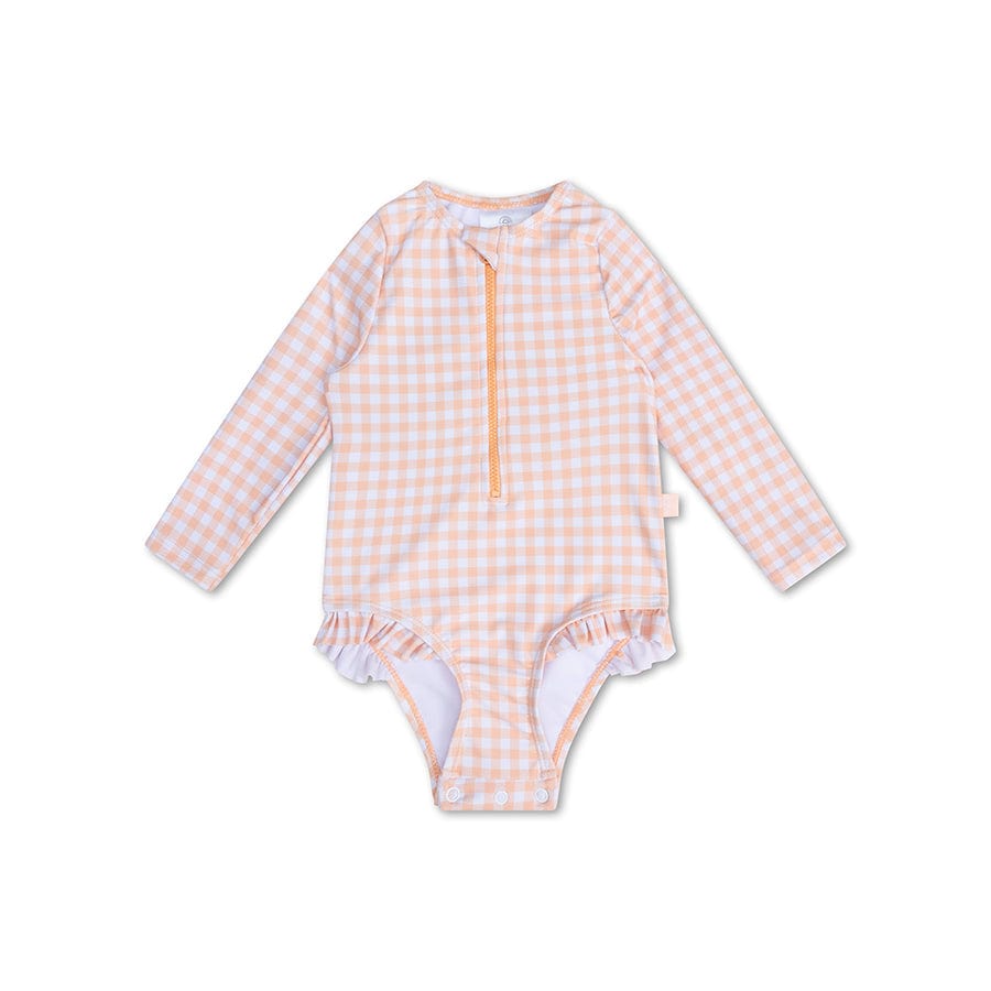 Sunset Grid | Troisse de bain UV Girls Orange White avec manches longues