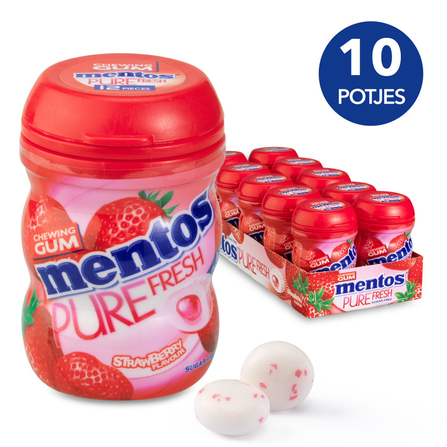 Mini pot Mentos gum pure fraise fraîche (10x 12 pièces)