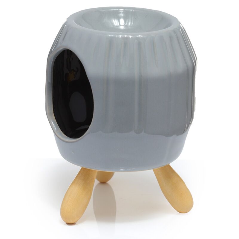 Brûleur de parfum en céramique côtelé gris avec pied
