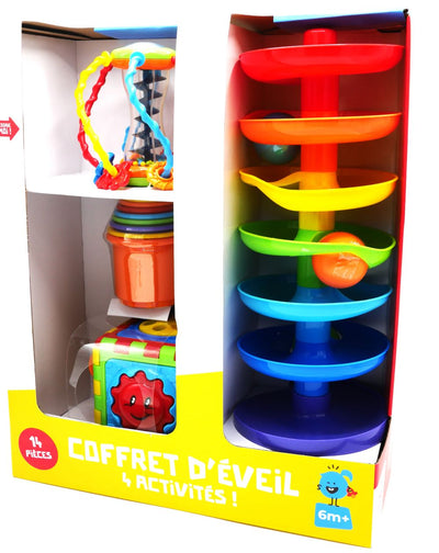 Ensemble cadeau pour bébé 4-Parties avec tasses d'empilage de tour à balle Frame de perles et jouez du cube.