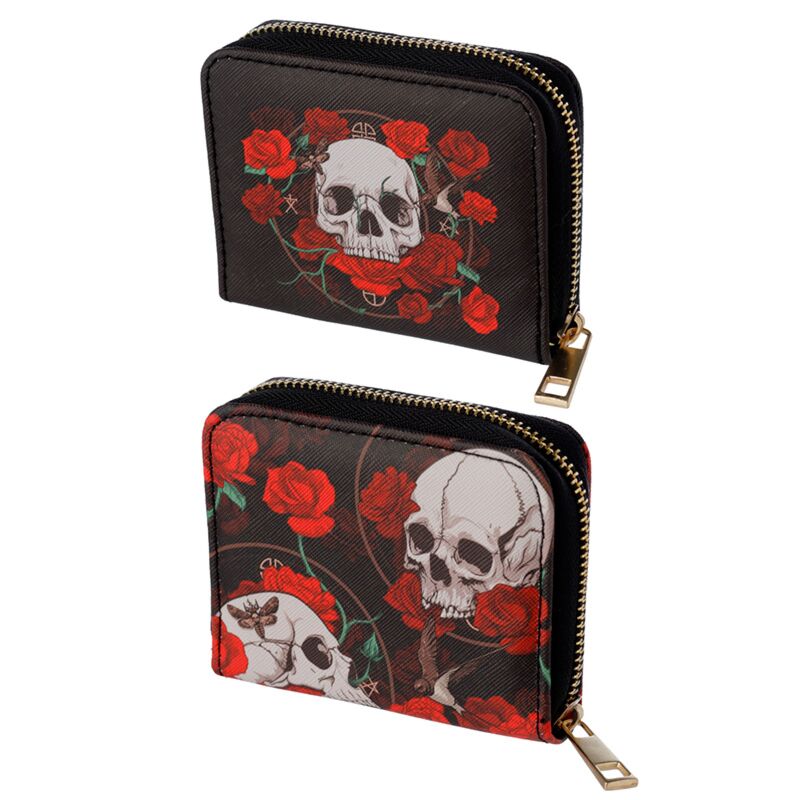 Skulls roses rond zippé portefeuille - petit