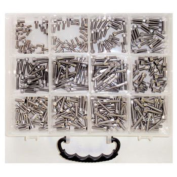 Boîte a 12 boîtes de vis à tête cylindrique en acier inoxydable assorties.