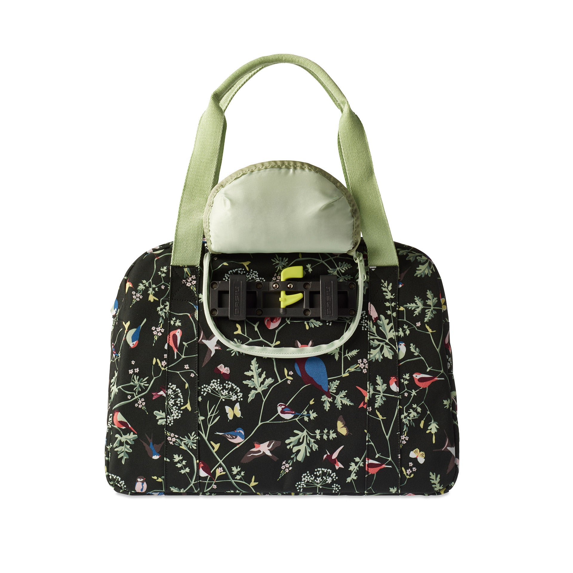 Basil Wanderlust Carry All Bag - sac à main noir pour vélo avec impression d'oiseaux colorés