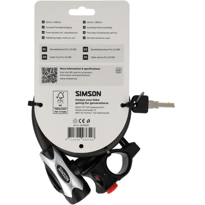 Câble antivol spirale Simson pro taille xxl 12mm x 180cm