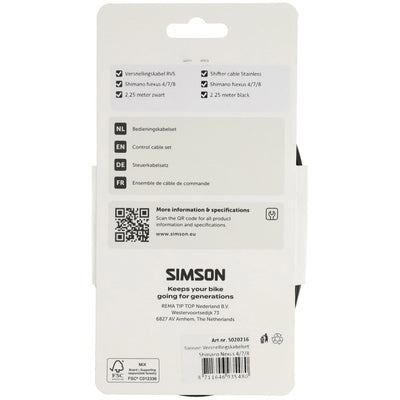 Jeu de câbles de vitesses Simson Shimano Nexus 4 7 8 acier inoxydable noir