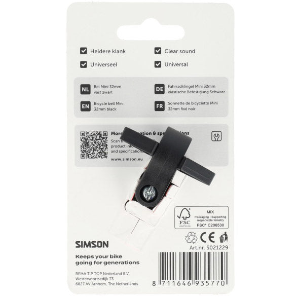 Simson sonnette de vélo mini 32mm fixe montage plastique noir