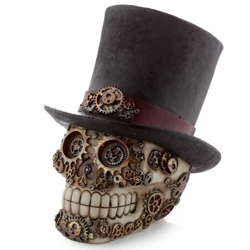 Crâne de style punk vapeur avec accessoire de maison de haut chapeau