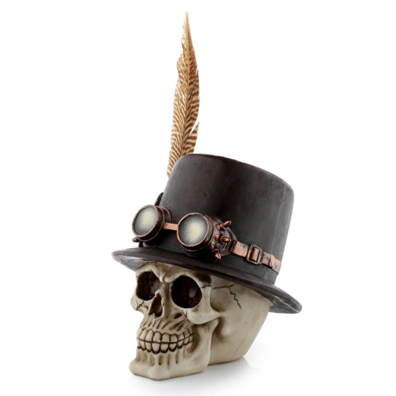 Crâne de style punk à vapeur avec plumes de haut chapeau accessoire à la maison
