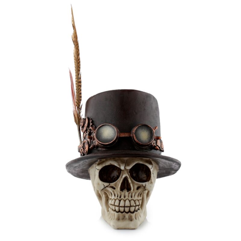 Crâne de style punk à vapeur avec plumes de haut chapeau accessoire à la maison