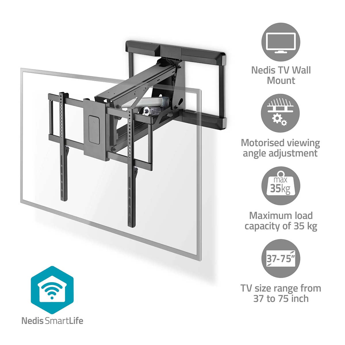 Support mural TV motorisé Nedis | 37 - 75 | poids maximum de l'écran : 35 kg | rotatif | distance minimale du mur : 153 mm | distance maximale du mur : 485 mm | noir - tvwm5880bk