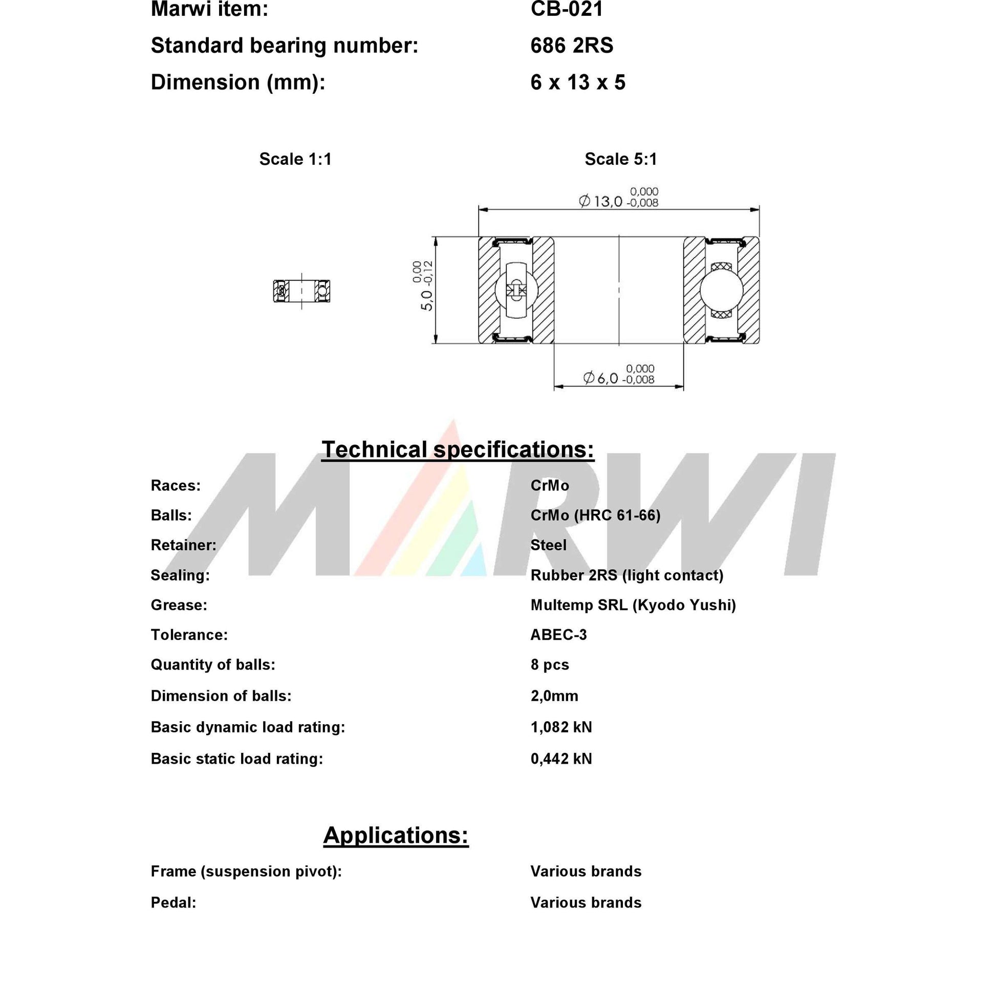 Marwi Kogellager CB-021 686 2RS 6X13X5