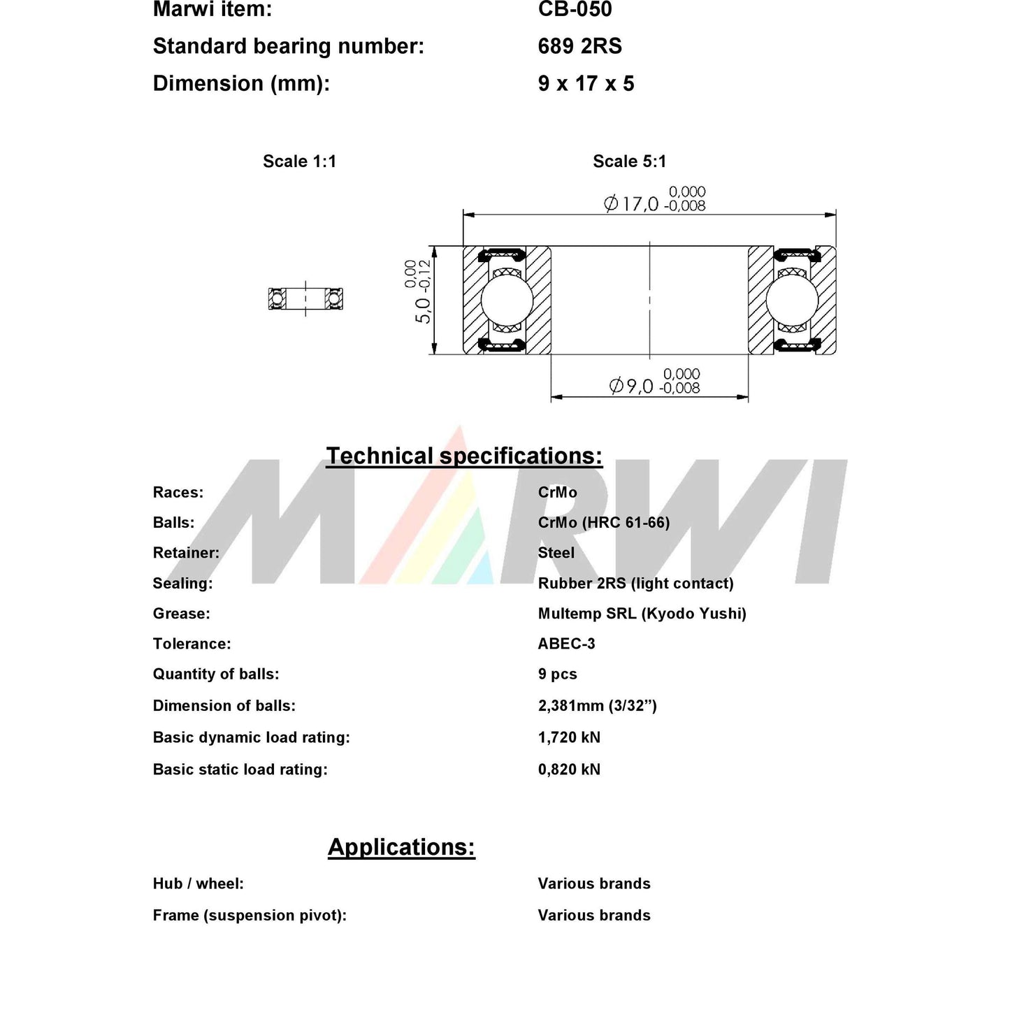 Marwi Kogellager CB-050 689 2RS 9X17X5