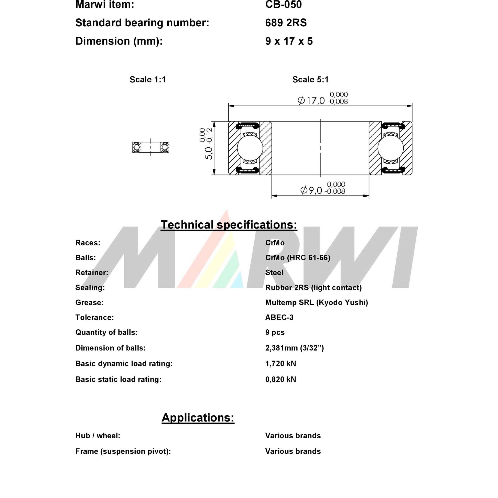 Marwi Kogellager CB-050 689 2RS 9X17X5