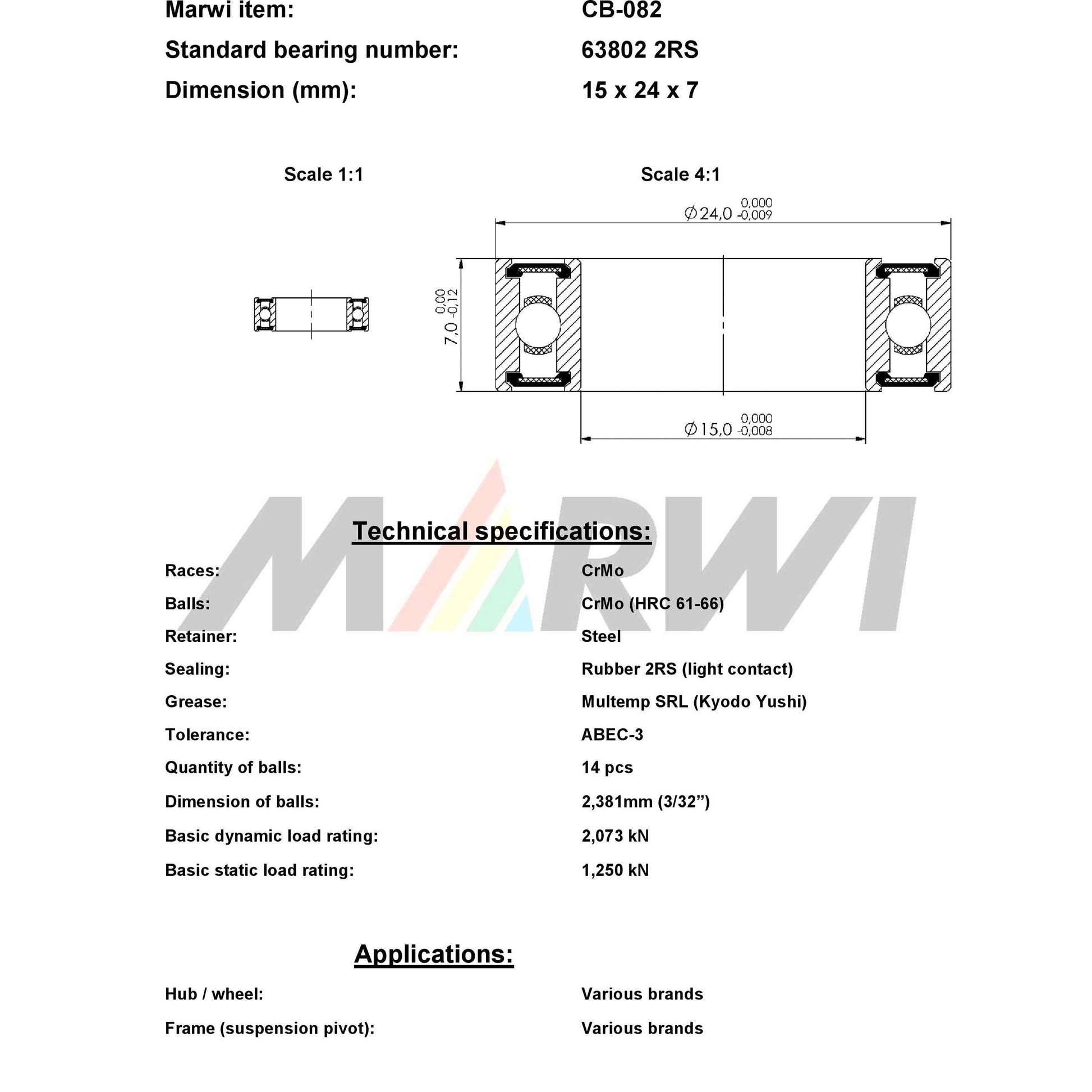 Marwi Kogellager CB-082 63802 2RS 15X24X7
