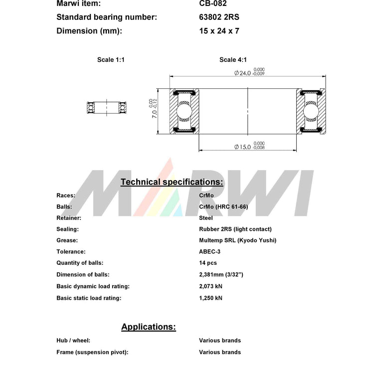 Marwi Kogellager CB-082 63802 2RS 15X24X7