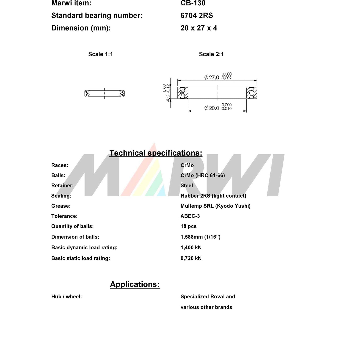 Marwi Kogellager CB-130 6704 2RS 20X27X4