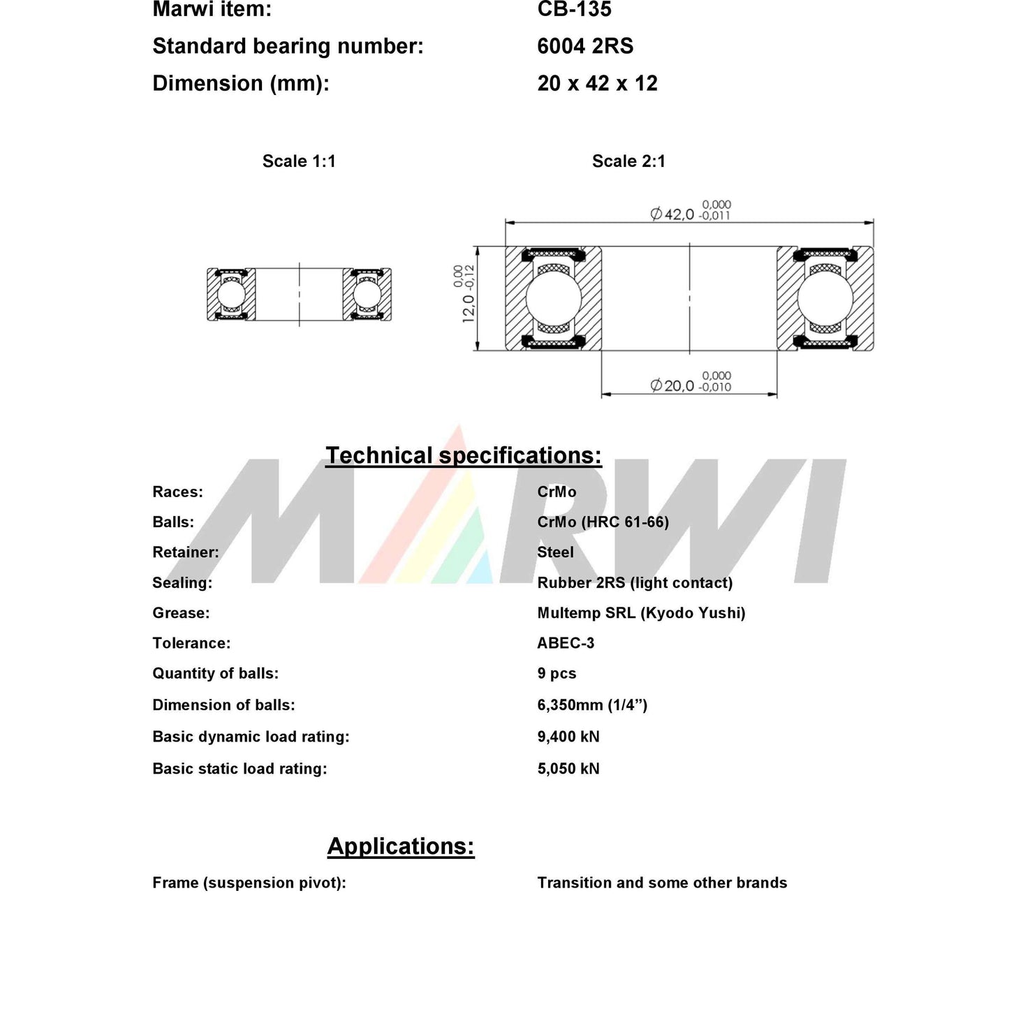 Marwi Kogellager CB-135 6004 2RS 20X42X12
