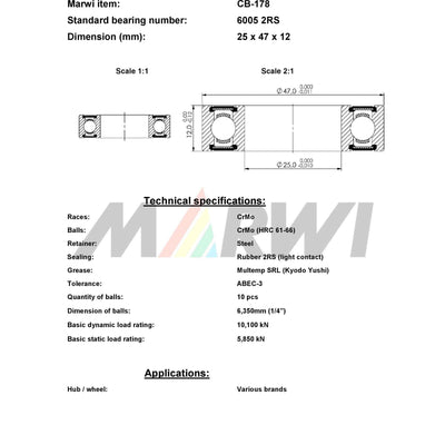 Marwi Kogellager CB-178 6005 2RS 25X47X12