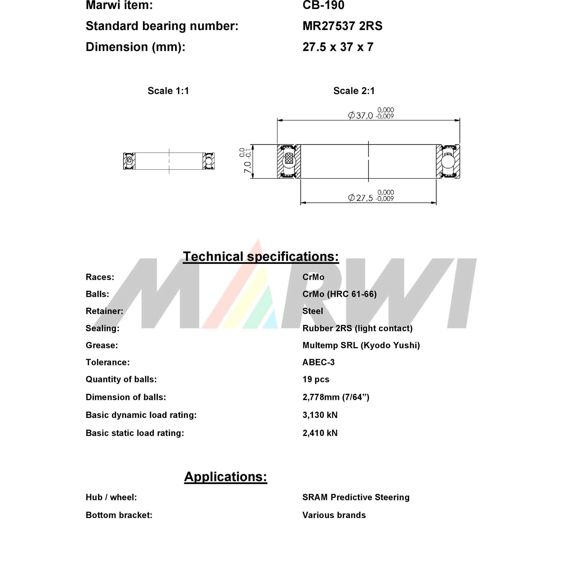 Marwi Kogellager CB-1990 MR27537 2rs 27.5x37x7