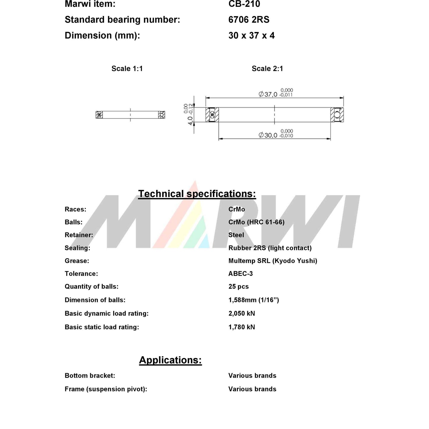 Marwi Kogellager CB-210 6706 2RS 30X37X4