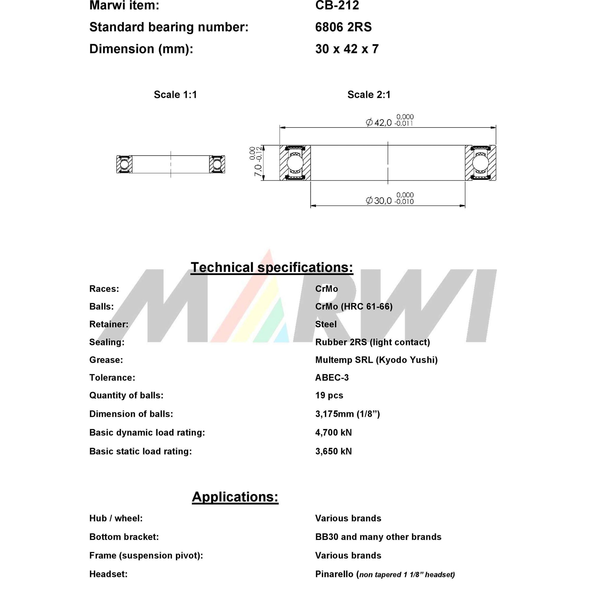 Marwi Kogellager CB-2112 6806 2RS 30X42X7