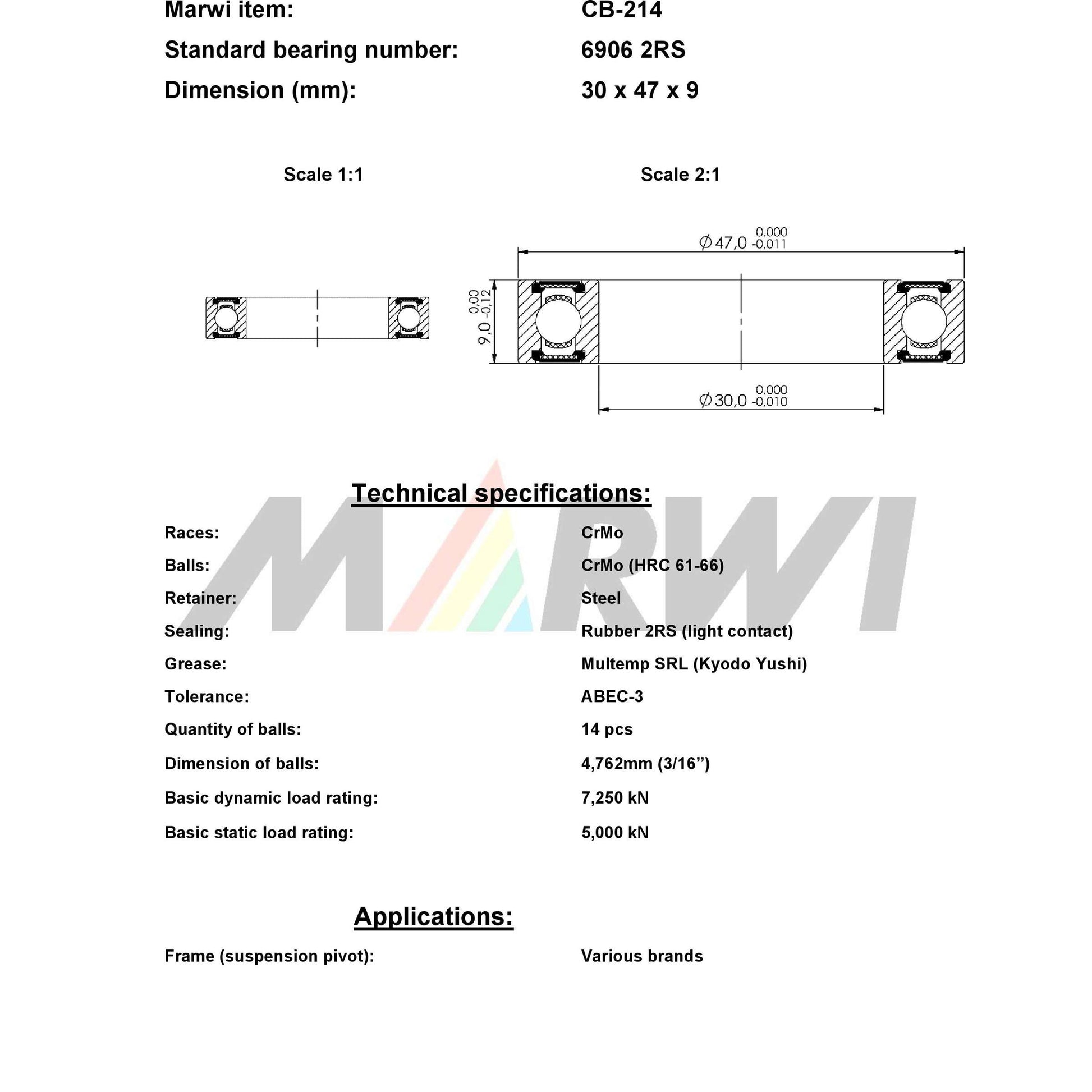 Marwi Kogellager CB-214 6906 2RS 30X47X9