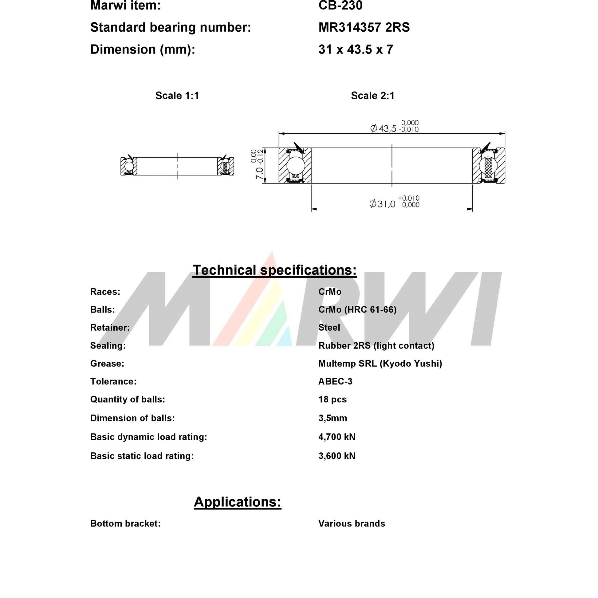 Union Kogellager CB-230 MR314357 2R (31x43.5x7)