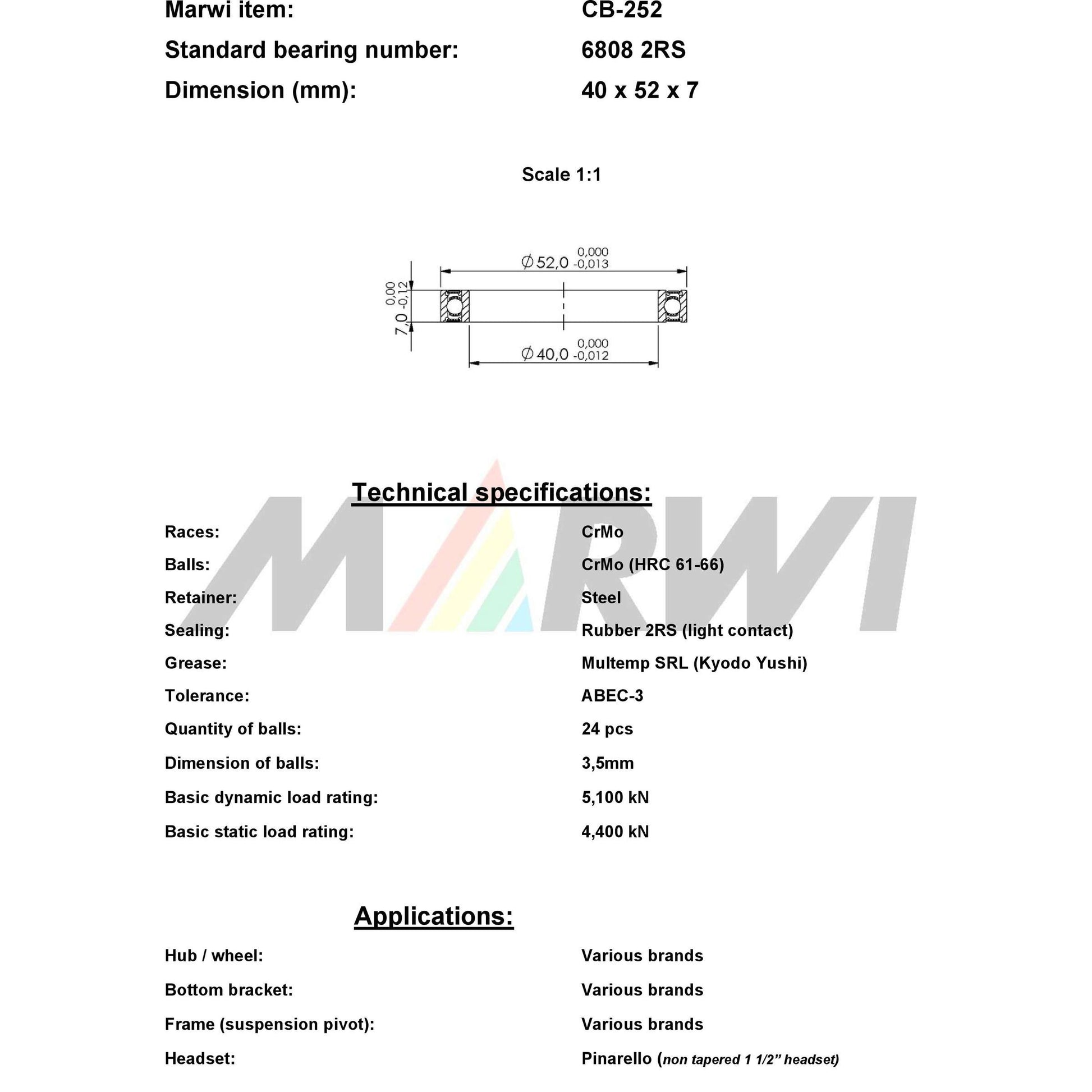 Marwi Kogellager CB-252 6808 2RS 40X52X7
