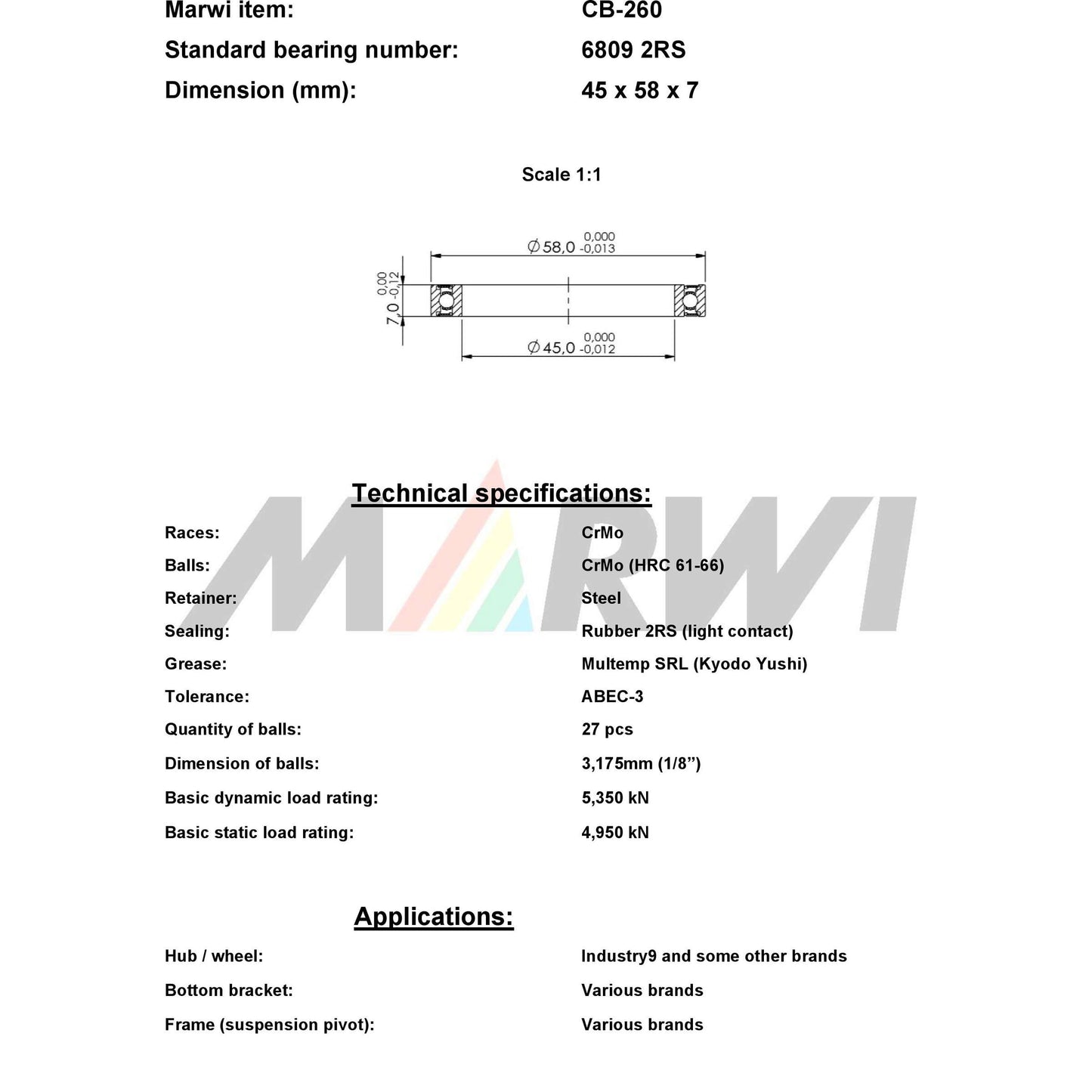 Marwi Kogellager CB-260 6809 2RS 45X58X7