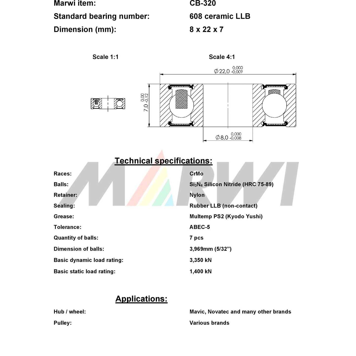 Union Kogellager CB-320 608 LLB 8X22X7 Céramique