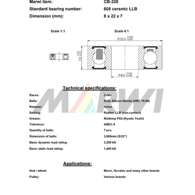 Union Kogellager CB-320 608 LLB 8X22X7 Céramique
