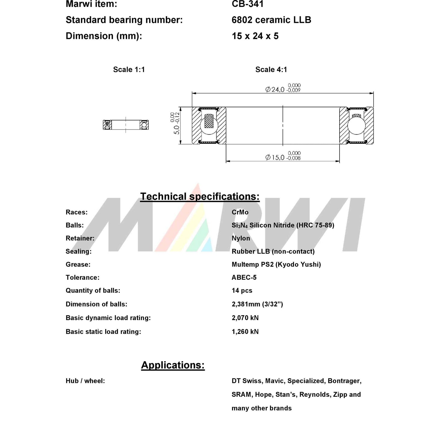 Union Kogellager CB-341 6802 LLB 15X24X5 Céramique