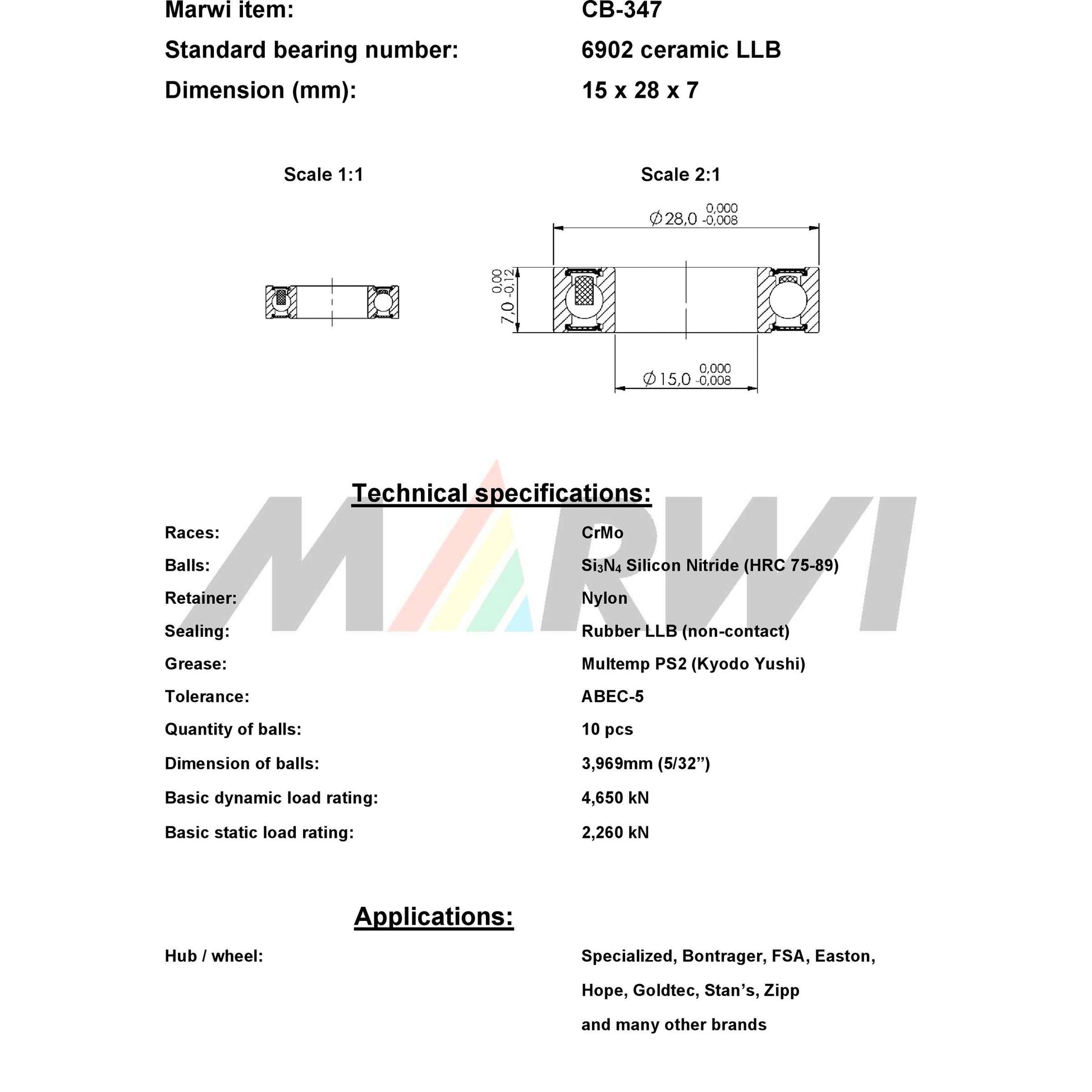 Union Kogellager CB-347 6902 LLB 15X28X7 Céramique