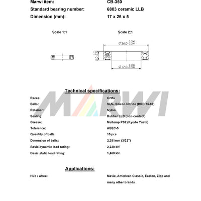 Union Kogellager CB-350 6803 LLB 17X26X5 Céramique