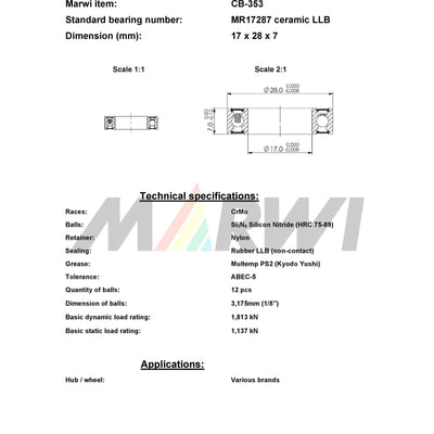 Union Kogellager CB-353 LBB MR17287 17x28x7 Céramique