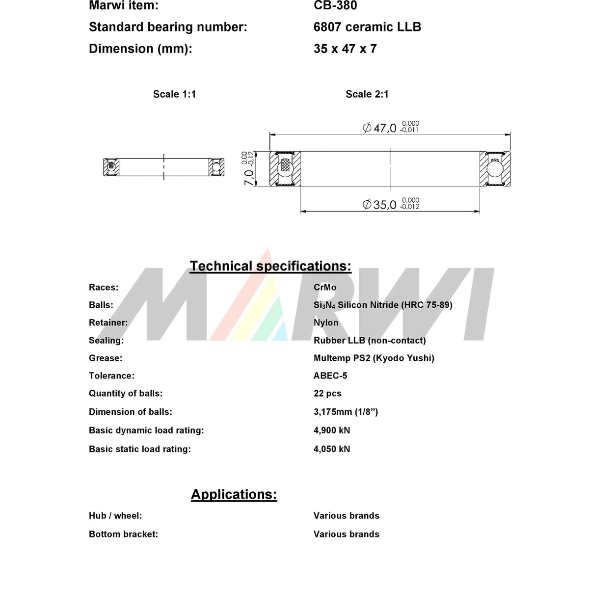 Union Kogellager CB-380 6807 LLB 35X47X7 Céramique