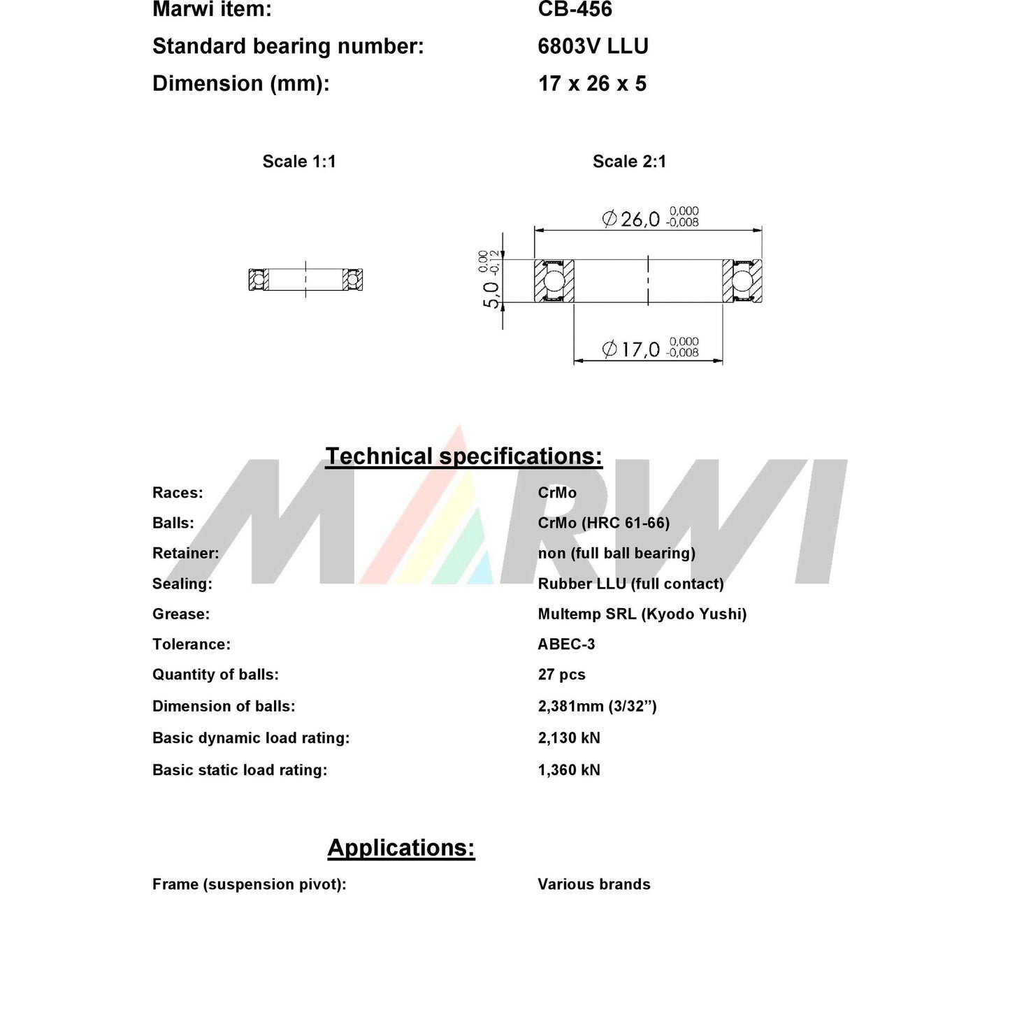 Union Kogellager Max CB-456 6803V LLU 17X26X5