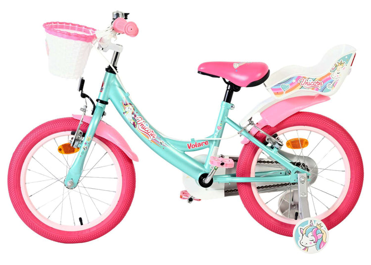 Vélo enfant Volare licorne - filles - 16 pouces - vert - deux freins à main