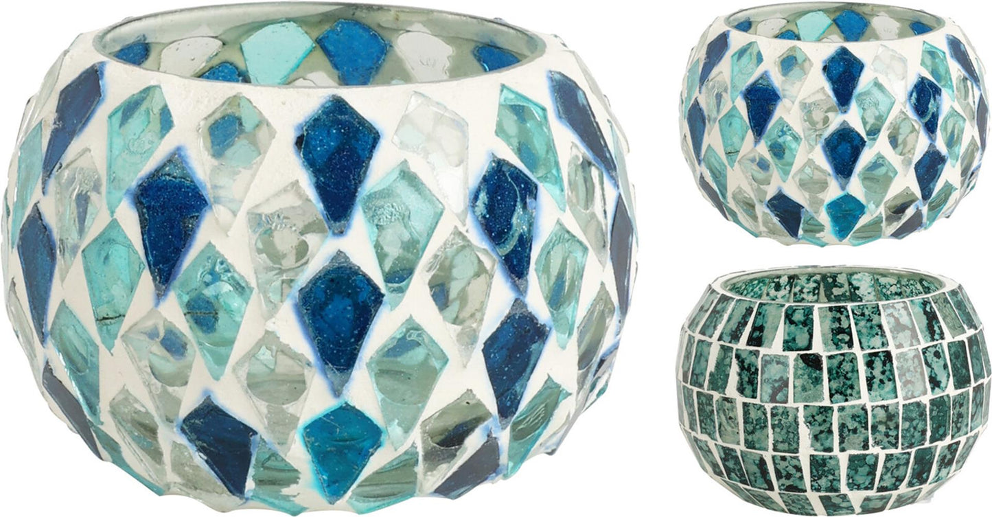 Photophore home style mosaïque bleue 9x9x6cm