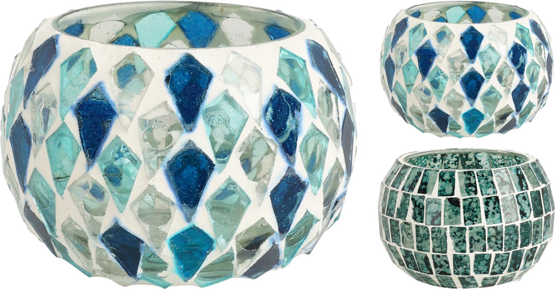 Photophore home style mosaïque bleue 9x9x6cm