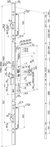 Serrure multipoint anti-panique de sécurité Abloy el466 | poignée simple face contrôlée | autobloquant | skg*** | dm35mm | pc92mm | plaque frontale en acier inoxydable 24x2000mm en forme de U | 12 24 V CC | docteur 1+2+3+4 - 10037688