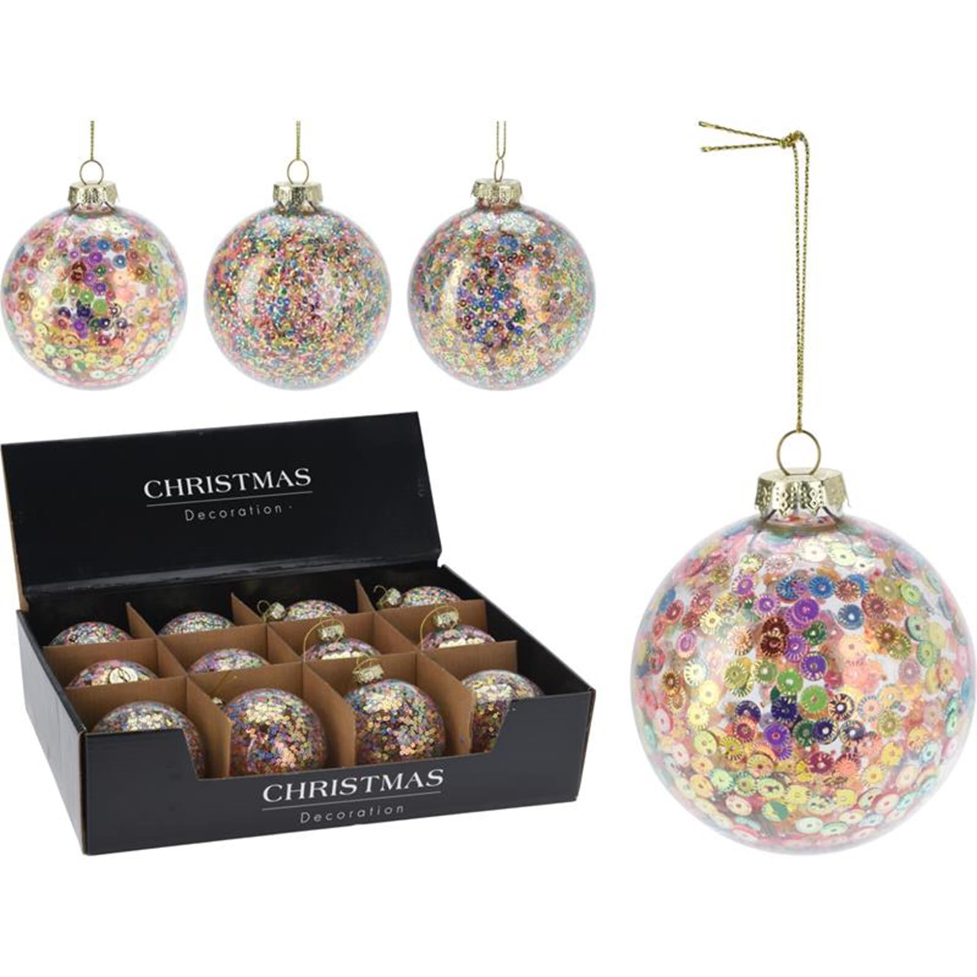 Boule de Noël en verre, style maison, 80mm, paillettes, paillettes