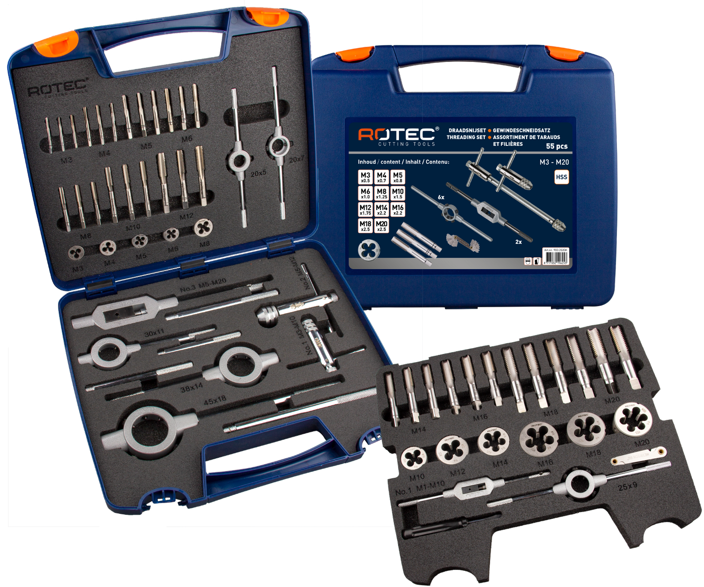Jeu d'inserts de coupe pour tarauds manuels Rotec 55 pièces m3-m20