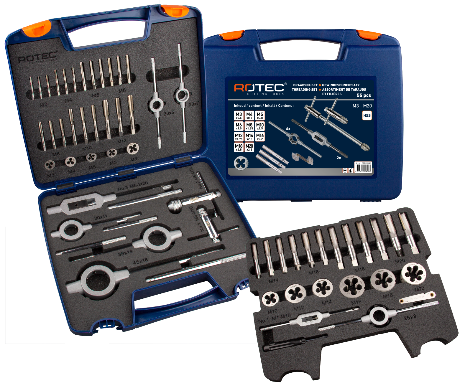 Jeu d'inserts de coupe pour tarauds manuels Rotec 55 pièces m3-m20