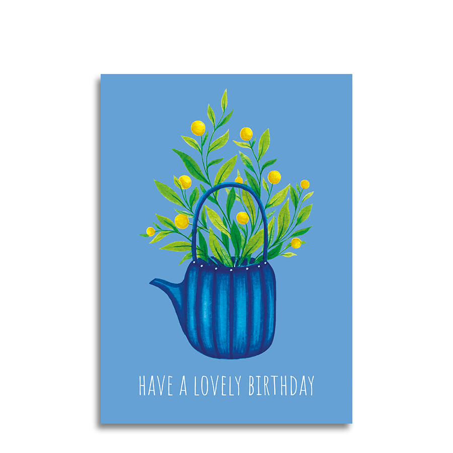 Art by andu carte de voeux théière bleu clair rayures bleues