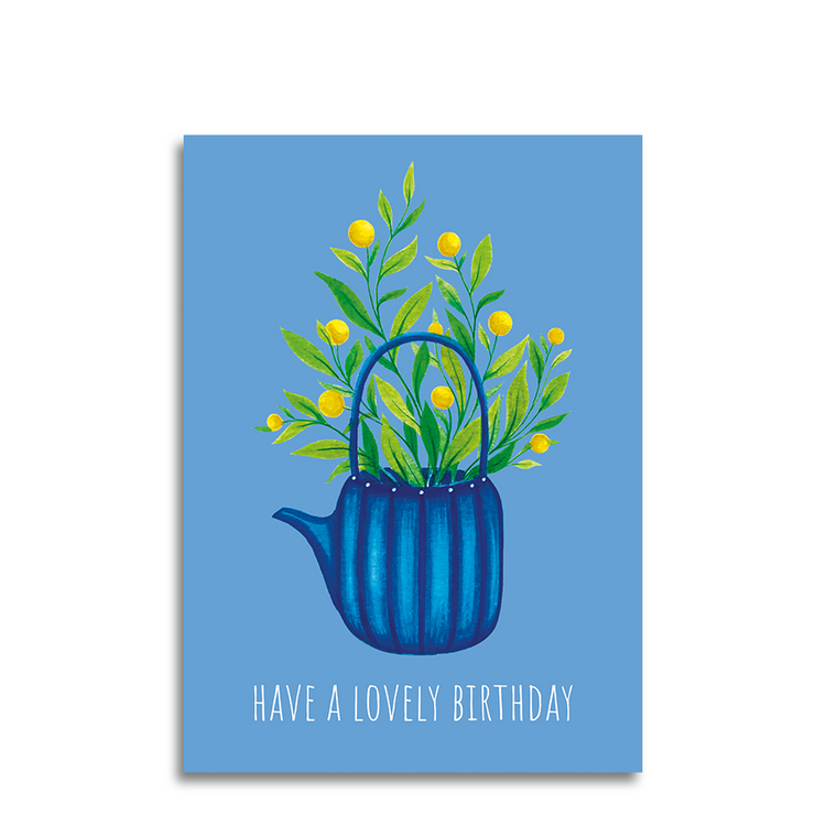 Art by andu carte de voeux théière bleu clair rayures bleues