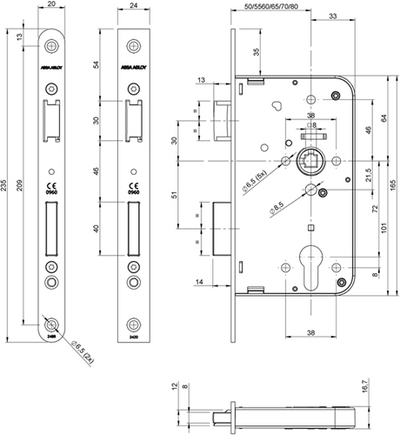 Serrure de porte Assa Abloy 2420 | dm65mm | pc72mm | trou de manivelle 8mm | plaque frontale acier inoxydable 24x235mm rectangulaire | Dr 1+3 2+4 - 7262018